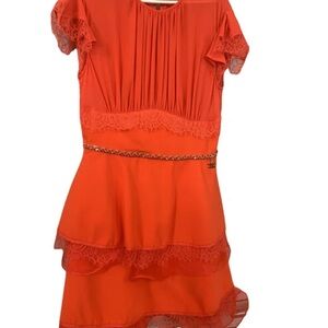 Elisabetta Franchi Orange Mini Dress with Lace Trim Sz IT 44